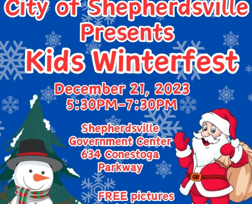 City of Shepherdsville Presents Kids Winterfest - December 21, 2023 | 5:30PM-7:30PM. Shepherdsville Government Center - 634 Conestoga Parkway. FREE pictures with Santa